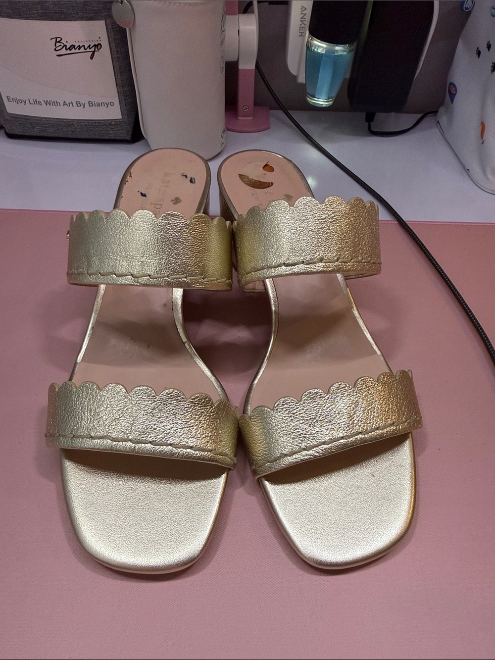 kate spade Metallic Gold Scalloped Double-Strap Sandals. Has some details
